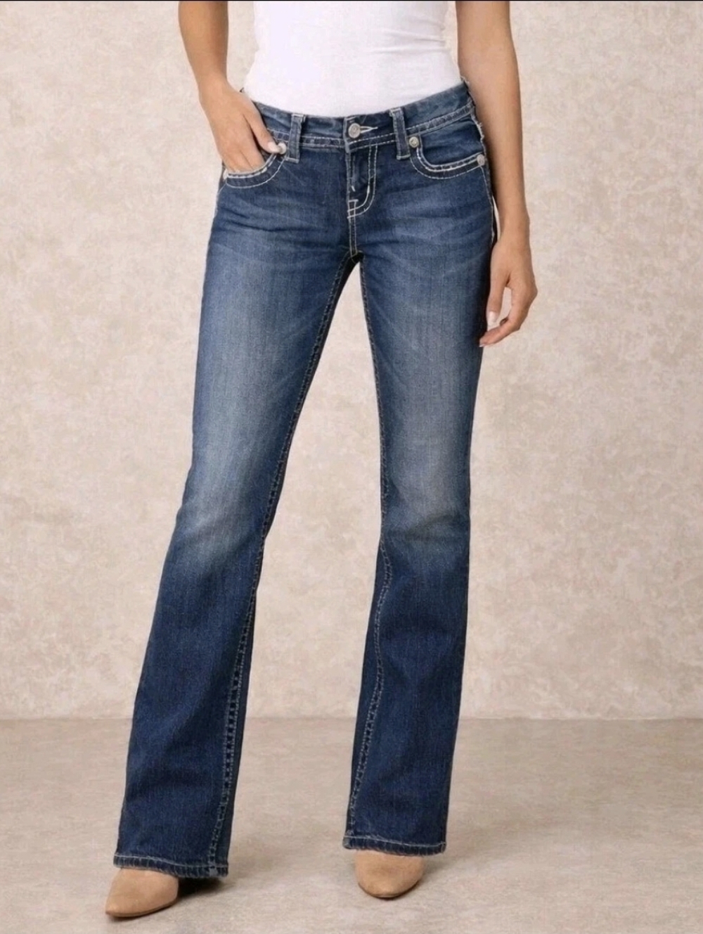Miss Me Jeans Women’s 26 Bootcut Medium Wash Distressed Thick Stitch Stretch...
